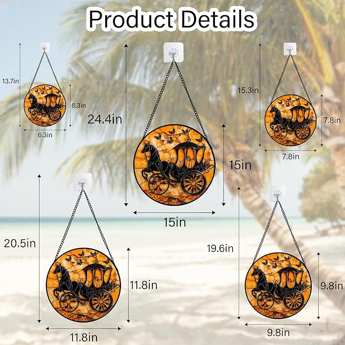 Stained Glass Window Hanging - Halloween Pumpkin Carriage Suncatcher for Doors Window Garden Indoor Spooky Funny Orange Sun Catchers Gothic Decor Horror Gifts for Women Men Friend 6.3 in