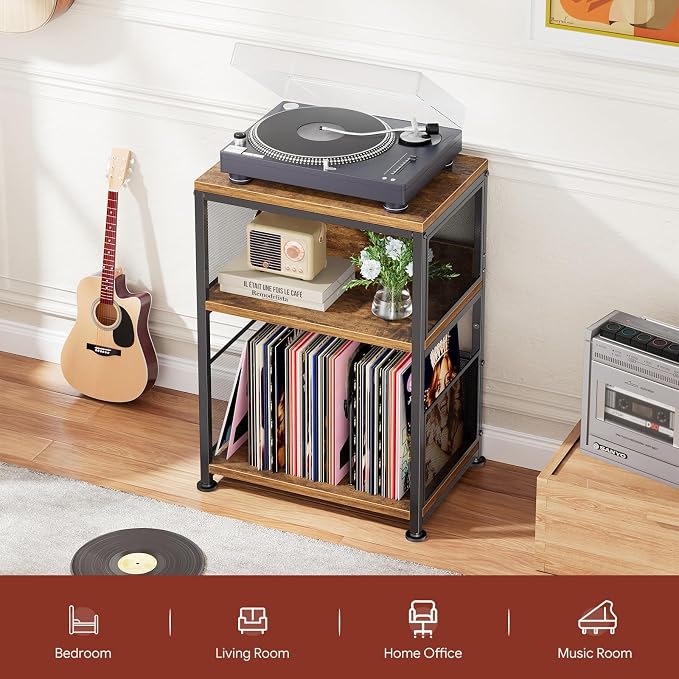 Simple Trending Record Player Stand, Turntable Stand with Vinyl Storage Holds Up to 200 Albums, Large Record Player Table with Adjustable Divider, Rustic Brown