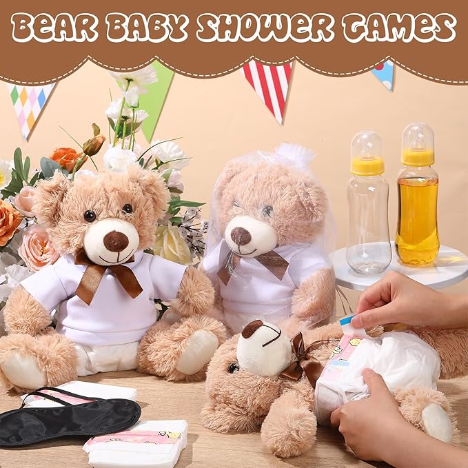 Soulchen 6 Set Bear Blindfolded Diaper Changing Baby Shower Games 14 Inch Bear Plushes with Dolls Diapers Bottles Shirts for Gender Reveal Bridal Shower Game Prize Gift Guest Adult(Khaki)