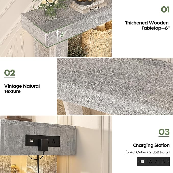 Unikito 63'' Farmhouse Console Table with Power Outlets and Sensor Light, Wooden Entryway Table with Storage, Rectangular Sofa Tables Behind The Couch for Entrance, Hallway, Living Room, White Oak