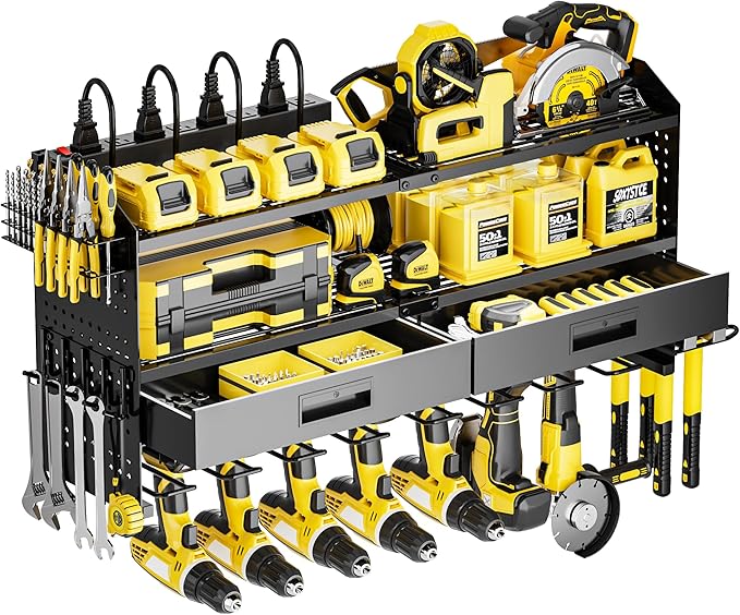 Power Tool Organizer Wall Mount Heavy Duty 400 lbs, 4 Layers Storage Rack with 9 Drill Holders & Battery Storage, Cordless Tool Organizer for Garage, Workshop & Tool Room