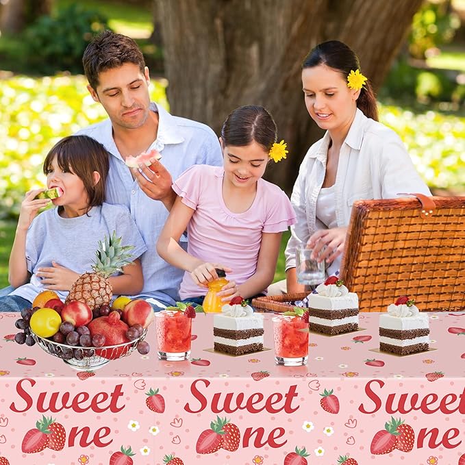 2 Pack Strawberry Tablecloths Plastic 54 X 108Inch, Strawberry Birthday Decorations Table Cloth Disposable Sweet One Table Covers for Baby Shower Birthday Party Supplies