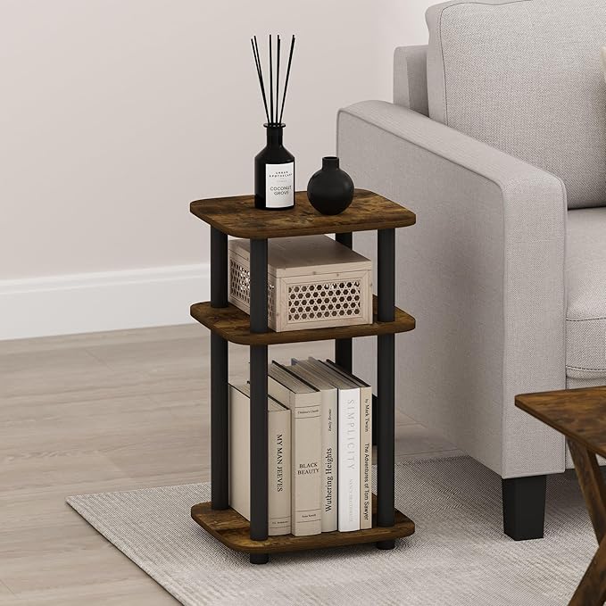 Furinno JUST Side Table, 3-Tier Turn-N-Tube End Table with Open Shelf, Round Curve Corner Night Stand, Bedside Table, Easy Assembly, for Living Room, Bedroom, Amber Pine