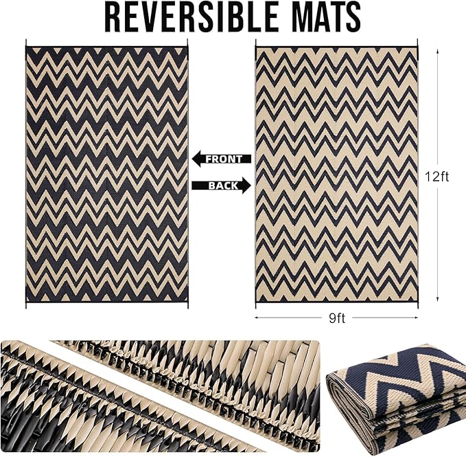 OLANLY Waterproof Outdoor Rug 8x10 ft Clearance, Reversible Outdoor Plastic Straw Rug, RV Mat, Indoor Outdoor Carpet for Patio, Camping, Balcony, Deck, Backyard, Black & Beige
