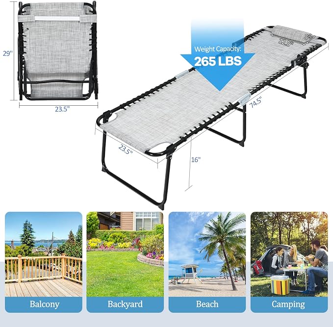 COSTWAY Folding Chaise Lounge Chair, Foldable Pool Lounger with 4-Position Adjustable Backrest, 2-Position Footrest, Side Pocket & Soft Pillow, Patio Tanning Chair for Beach, Poolside (1, Grey)