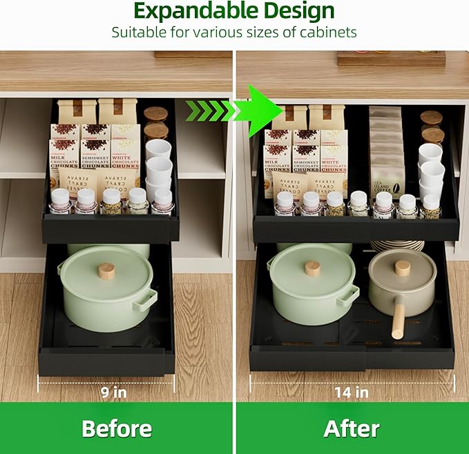 PAKETA 4 Pack Expandable Pull Out Cabinet Organizer, 21'' Deep Pull Out Drawers for Cabinet, Upgrade 3 Slide Rails Sliding Drawers for Cabinets with Adhesive Nano Film (Black, 21"D X 9-14"W)