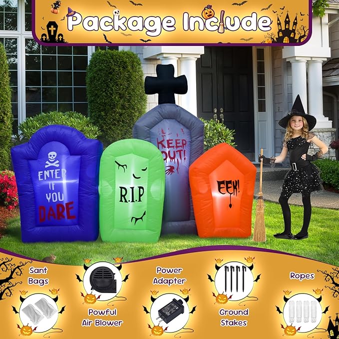 6FT Halloween Inflatable Tombstones Set Decora Halloween Blow Up Decor with LED Lights Indoor Outdoor Holiday Party Yard Graden Decoration