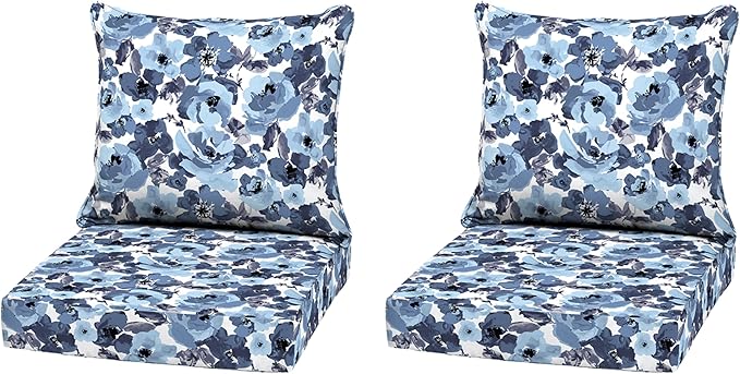 Arden Outdoor Deep Seat Cushion Set (2-Pack), 22 in x 24 in, Weather-Proof, Rain-Proof, Fade Resistant Patio Cushion for Chair, Sofa, and Couch Blue Garden Floral