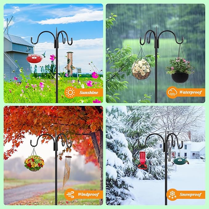 FEED GARDEN Heavy Duty Shepherds Hook 76" Triple Hooks - Metal 5-Prong Base, Adjustable (44/60/76") - 17lb Capacity Bird Feeder Pole for Hanging Plants, Solar Lanterns, Wind Chimes, 1 Pack