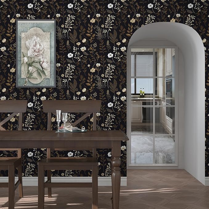 Extra Long Moody Floral Wallpaper Peel and Stick, 17.5In x 393In Black Dark