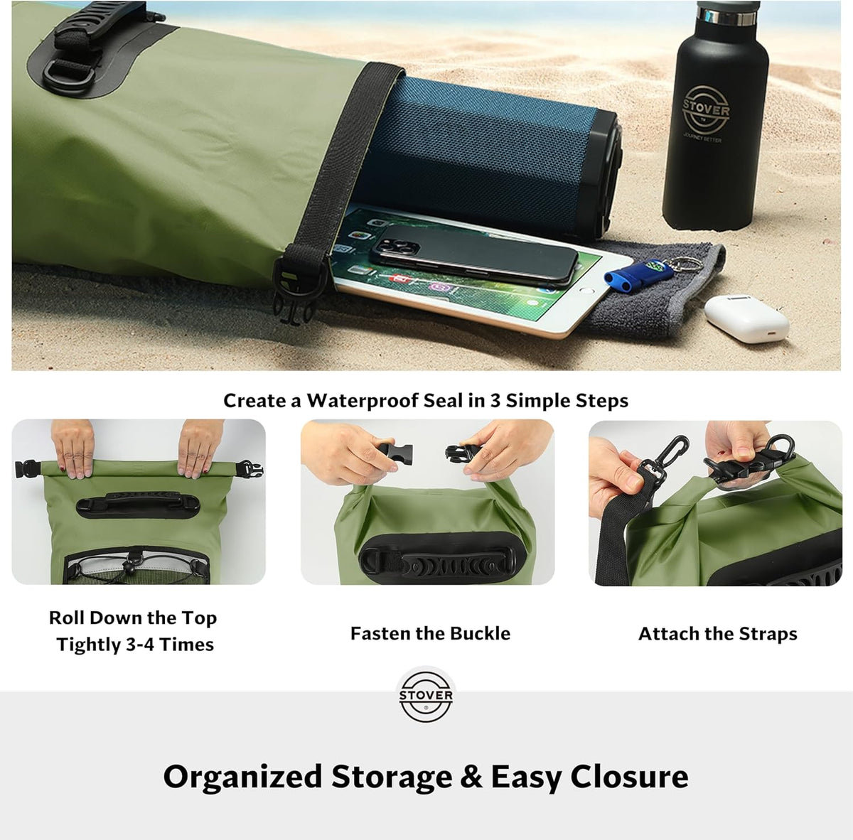 STOVER Waterproof Dry Bag | Roll-Top Backpack with Phone Case for Kayaking, Hiking & Camping - 5L to 55L