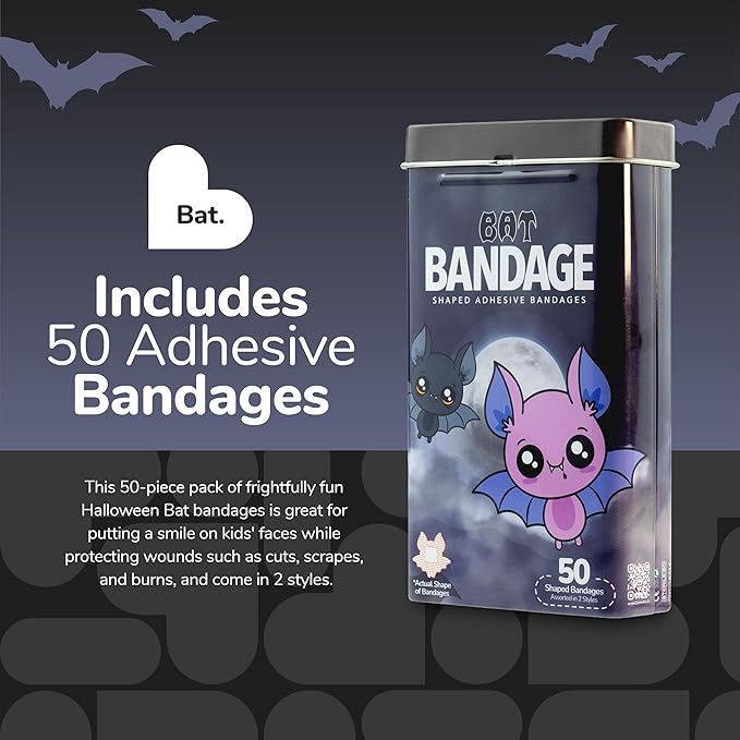 BioSwiss Kids Bandages, Halloween Bat Shaped Self Adhesive Bandage Set, Latex Free, Sterile Wound Care, 50 Count