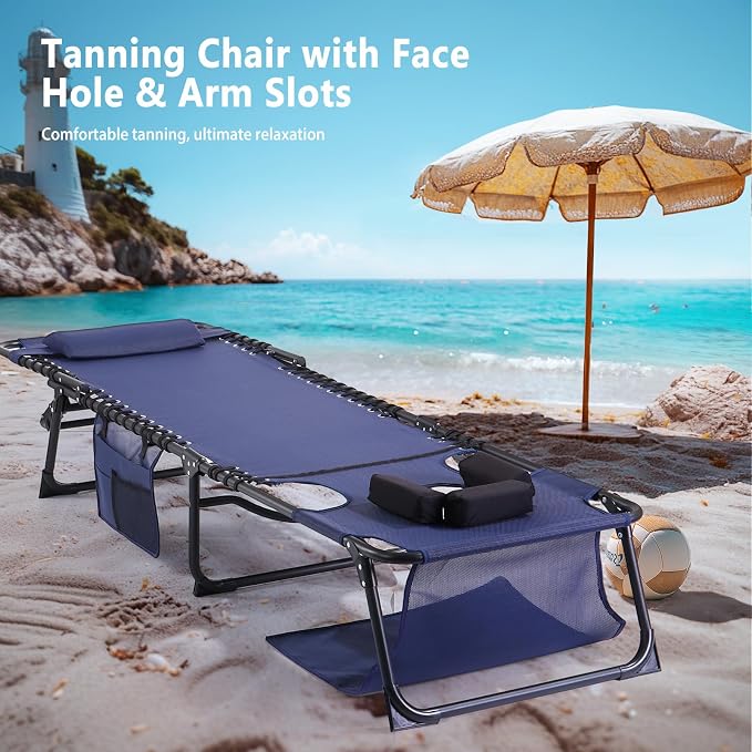 Unovivy Tanning Chairs with Face Hole Set of 2, Patio Lounge Chairs with 5-Position Reclining Back, Portable Folding Outdoor Lounge Chair for Sunbathing, Pool, Patio, Camping
