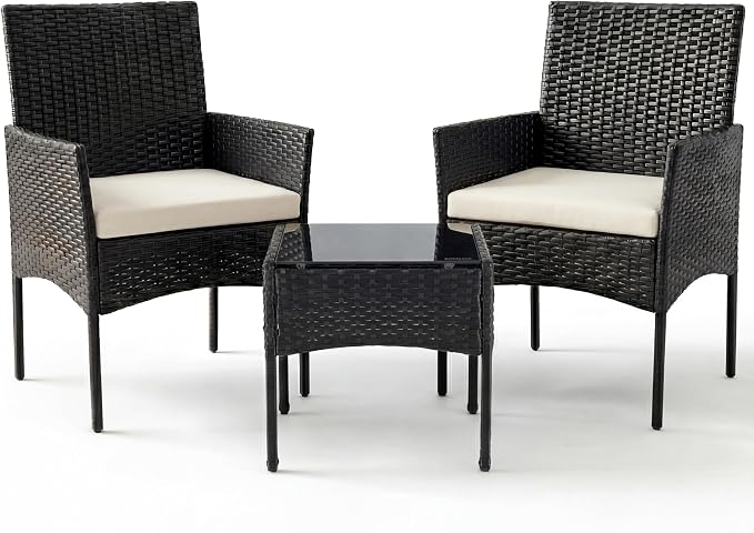 Sweetcrispy 3 Piece Patio Furniture Set, All-Weather Outdoor Wicker Bistro Set with Removable Cushions & Tempered Glass Table, Small Conversation Seating for Porch, Balcony, Deck, Backyard, Black