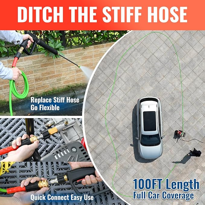 YAMATIC Upgraded Flexible Pressure Washer Hose 100FT 1/4", 3200 PSI Non-Kink Replacement with M22-14mm & 3/8" Quick Connect Adapters, Extension for Gas Power Washer Troy-Bilt Ryobi Honda Craftsman