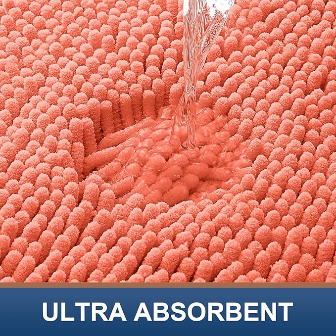 Smiry Luxury Chenille Bathroom Rugs 44x24, Extra Soft and Absorbent Shaggy Bath Mat, Machine Washable, Non-Slip Plush Carpet Runner for Tub, Shower, and Floor, Home Decor Accessories, Coral