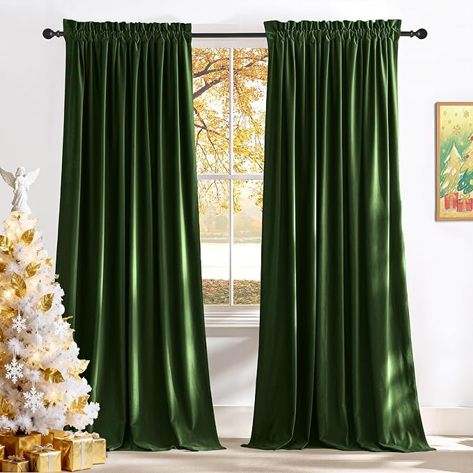 NICETOWN Olive Green Velvet Blackout Curtains 98 inch Long