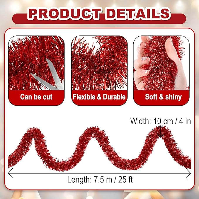 25 Feet Christmas Foil Fringe Banner Metallic Tassle Garland Metallic Backdrop Parade Floats Shiny Hanging Ceiling, Valentine's, Wedding, New Year Party Decorations(4" x 25', Red)