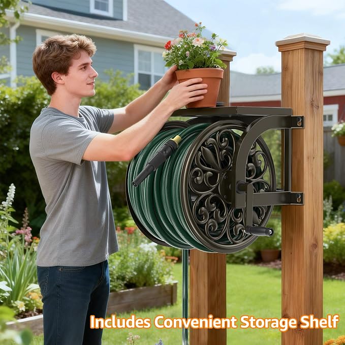 GOFORWILD Garden Wall Mount Hose Reel, Decorative Hose Reel, Garden Heavy-Duty Water Hose Holder Winder, Holds 200-Feet of 5/8-Inch Hose