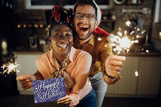 Better Office Products 50 Pack Happy Holidays Cards with Silver Foil Accents, 5" x 7", High Gloss, Interior Greeting, with 50 Envelopes, Christmas Cards, New Years Cards, 50 Count Boxed Set