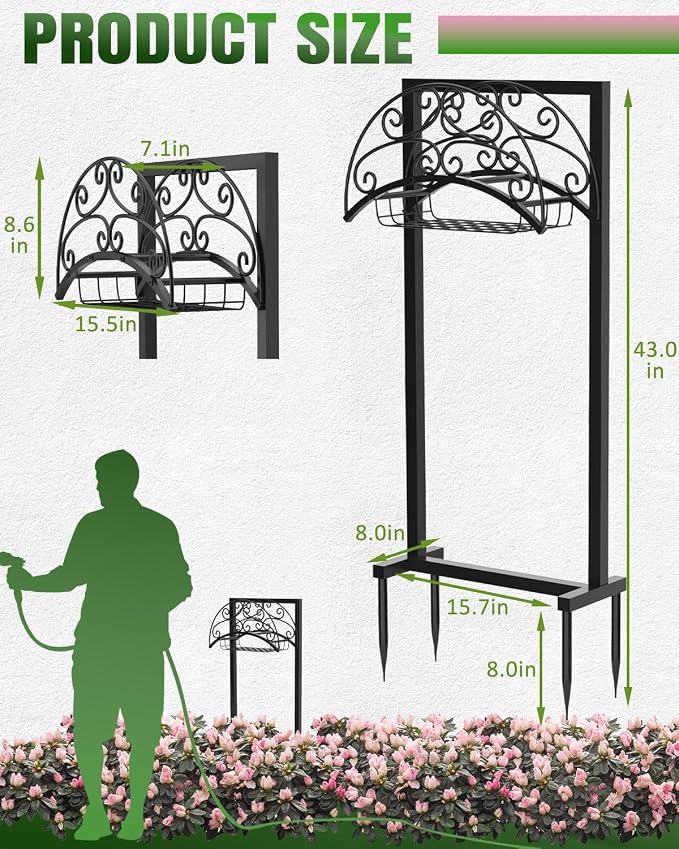 Breeze Touch Garden Hose Holder Freestanding with Storage Basket, 4-Spike Stable Water Hose Holder for Outside, Heavy Duty Metal Hose Stand Holds 150FT Hose, Easy Install Hose Organizer for Yard Lawn