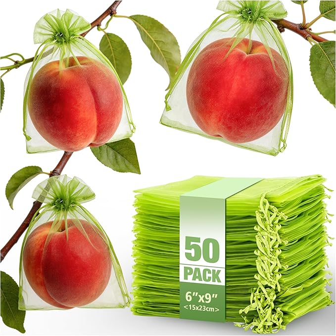 50 Pcs Drawstring Fruit Protection Bags, 6×9 Inch Green Mesh Fruit Net Covers, Anti-Bird Anti-Insect Garden Protective Bags for Fruit Tree, Tomato, Strawberry, Apple, Cherry, Grapes and Vegetables