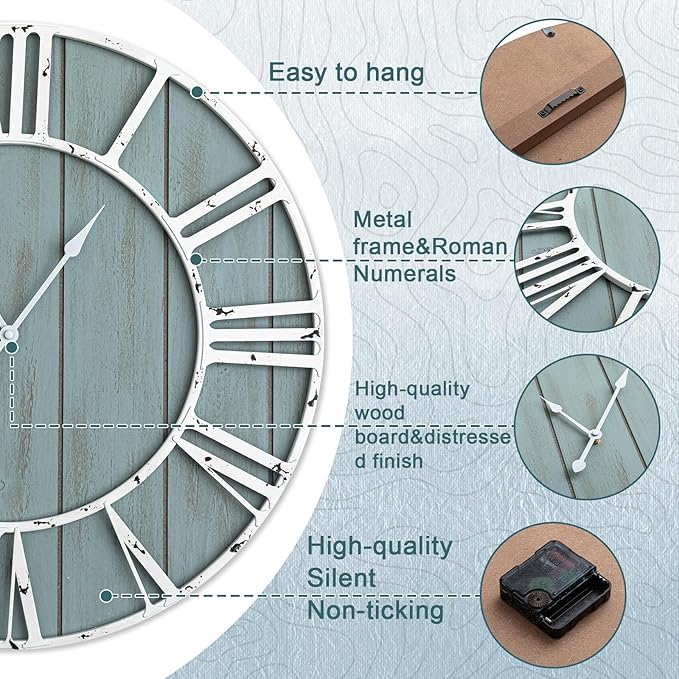 Quelay 20 Inch Coastal Wall Clock, Quiet Ticking Battery Operated, Rustic Retro