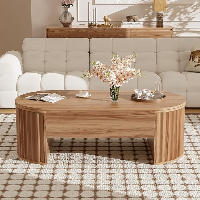 WILLIAMSPACE 47.2'' Lift Top Coffee Table with Hidden Compartment Storage, Modern Wooden Oval Center Table Accent Lift Tabletop Tea Table for Living Room, Light Brown