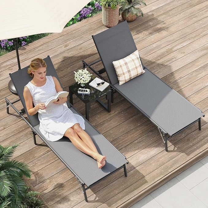 Amopatio Outdoor Lounge Chairs Poolside Chaise Lounge for Patio Set of 2 | with Side Table Foldable Stackble Fully Assembled Weather Resistant 5-Position Adjustable Backrest 400LBS Capacity