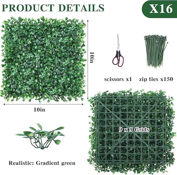 CEWOR 10"x10" Artificial Grass Wall Panels, UV Resistant & Anti-Fade Greenery