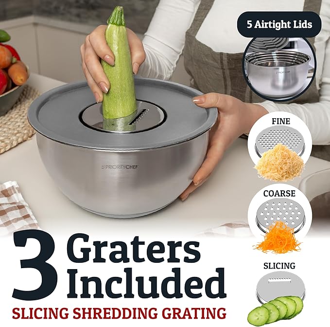 Priority Chef Stainless Steel Mixing Bowls with Lids Set, 3 Grater Attachments, Airtight Lids, Non-Slip Silicone Base Mixing Bowl Set, Large Prep Metal Mixing Bowls for Kitchen, Grey