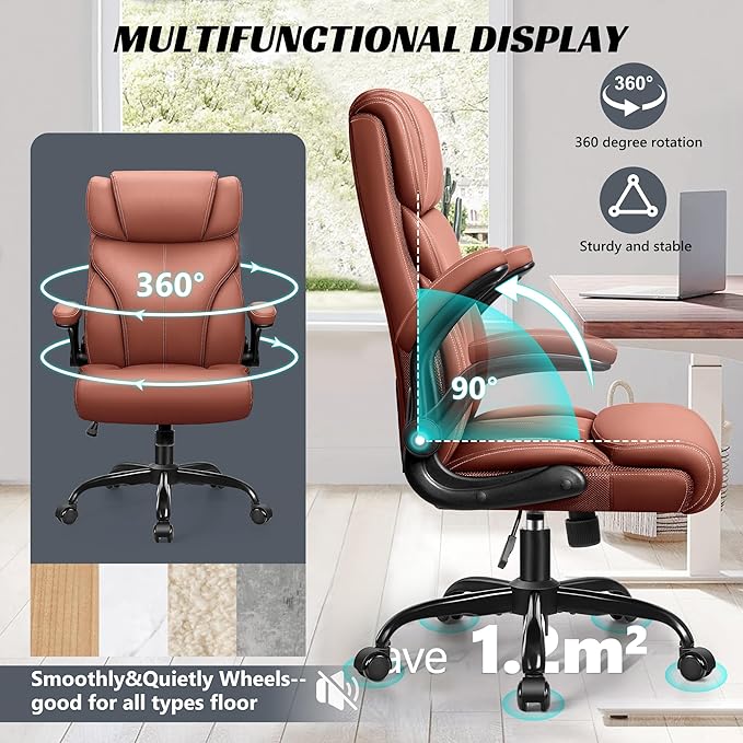 Office Chair, Ergonomic Big and Tall Computer Desk Chairs, Executive Breathable Leather Chair with Adjustable High Back Flip-up Armrests, Lumbar Support Swivel PC Chair with Rocking Function