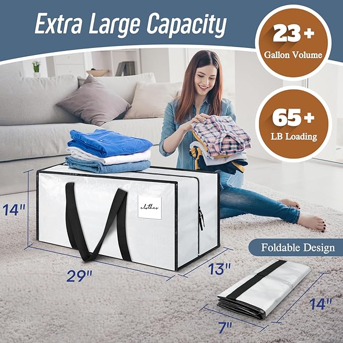 6 Pack Extra Heavy Duty Large Moving Bags with Strong Zipper & Comfortable Handles, Sturdy & Durable Clothes Storage Bags Totes Bins, Packing Moving Boxes for College Supplies, White