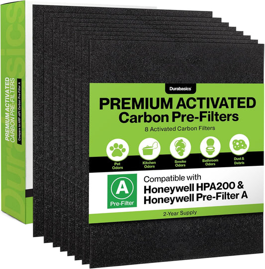Durabasics 8 Pack Replacement Prefilter for Honeywell HPA200 | Carbon Pre Filter Replacements for Honeywell Prefilter A, Air Filter A, HRF AP1, HRF-A200, and HPA200 Filters