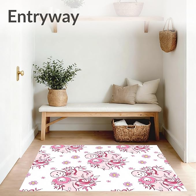 Flatwoven High Traffic Area Rug 6x9, Vintage Snowman Holiday Shower Curtain with Bath Toilet Cover, Non Slip, Stain Resistant, Washable Area Rugs for Living Room, Bedroom (Pink, 6x9, Pad)