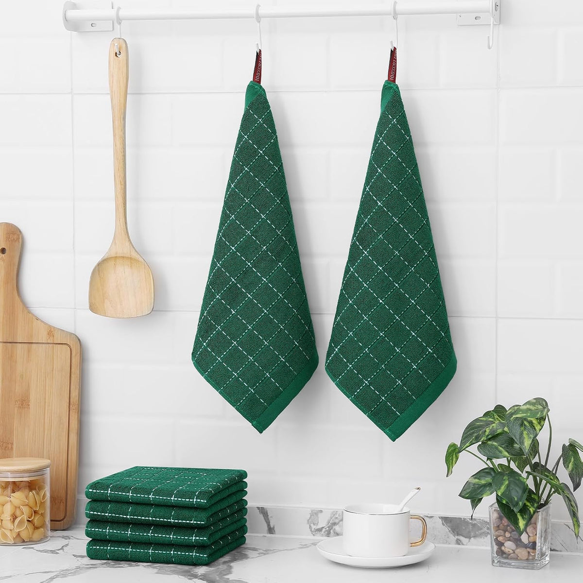 Homaxy 100% Cotton Terry Kitchen Dish Cloths, Ultra Soft and Absorbent Dish Towels for Kitchen, Perfect for Drying and Washing Dishes, 6 Pack, 12 x 12 Inches, Dark Green