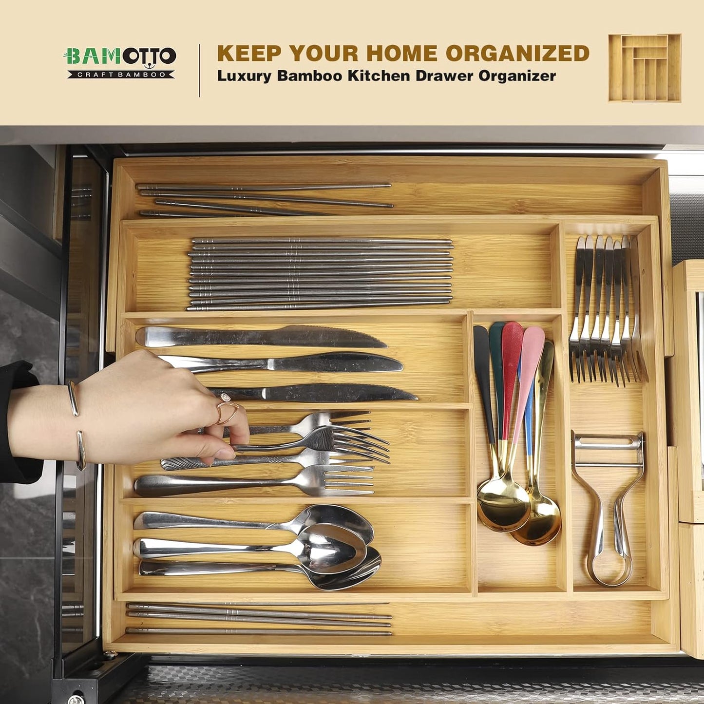 Expandable Bamboo Drawer Organizer – Large 20"x16.9" Size with Adjustable Dividers – for Kitchen Utensils, Knives, Cutlery, Flatware & Silverware Storage Tray