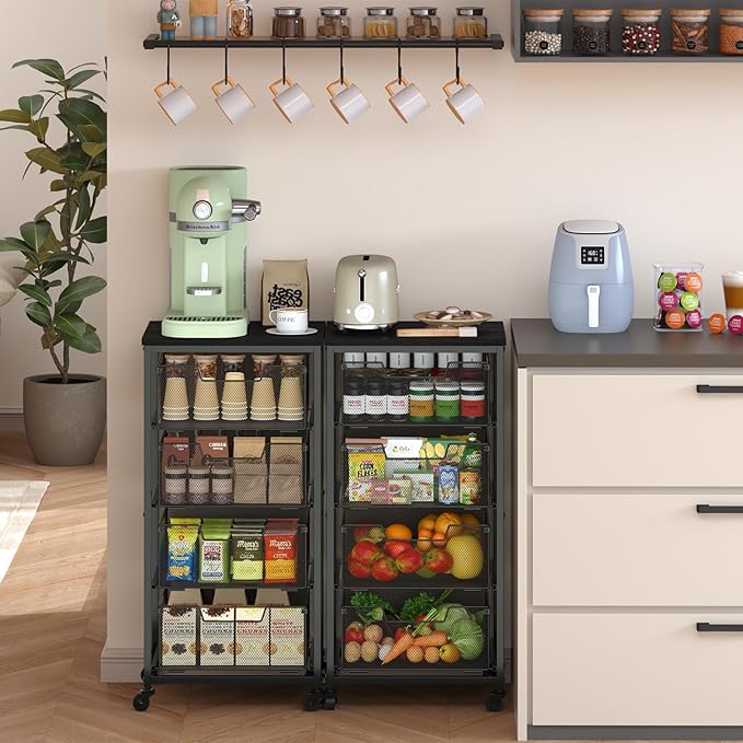 4-Tier Fruit Vegetable Storage Cart - Kitchen Organizer and Storage Cart with Wheels, Wooden Top Metal Wire Fruit Vegetable Rack Stand with Drawers to Storage Cans Snacks for Kitchen(Patent Pending)