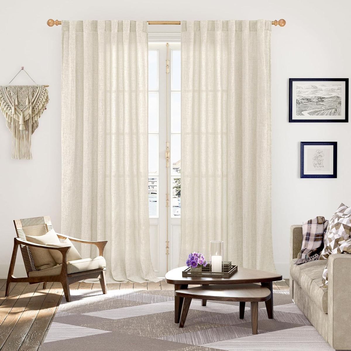 YoungsTex Extre Long Linen Curtains 102 Inch Length for Living Room, Semi Sheer Window Drapes with Rod Pocket Back Tab Light Filtering for Farmhouse Bedroom, 2 Panels, 52 X 102 Inch