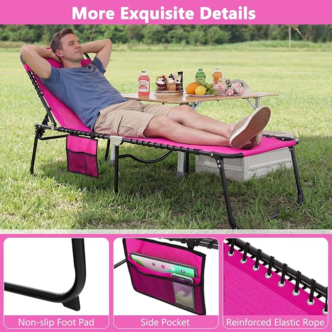 Giantex Patio Lounge Chairs for Outside - Folding Tanning Chair w/Headrest, 4 Adjustable Positions, Side Pocket, Outdoor Chaise Lounge for Camping, Pool, Sunbathing Beach Chair, Pink