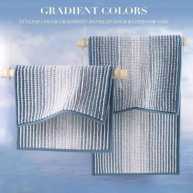 BSICPRO Bathroom Rugs and Mats Sets, 2 Piece Thick Absorbent Chenille Non Slip, Soft Shaggy Floor Mats, Machine Washable (Fog Blue, 20" x 47" Plus 16" x 24")