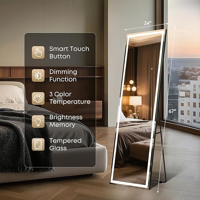 Kosmonia 67x24 Frameless Full Length Mirror, Dimmable 3 Color LED Light