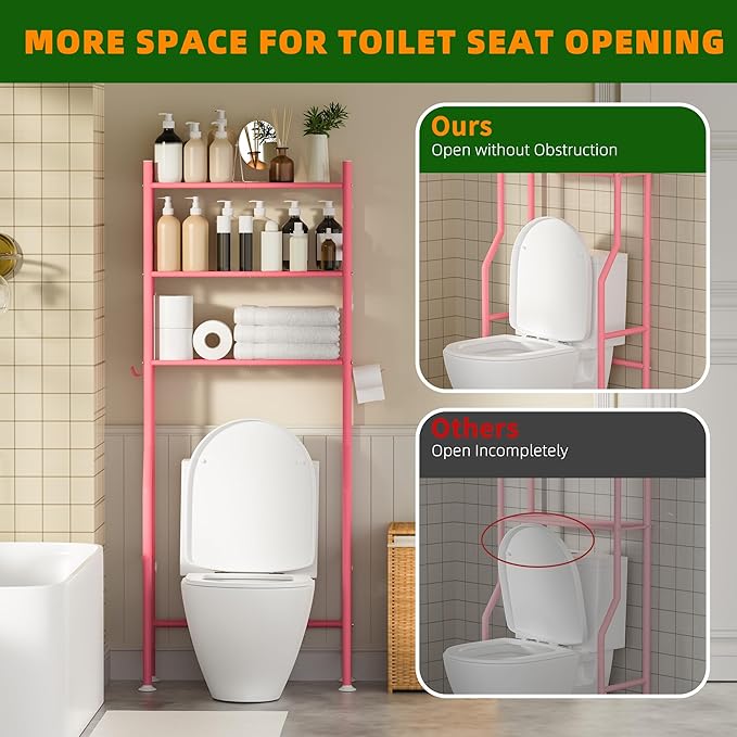 3-Tier Over Toilet Storage with Anti-Tilt Safety System - 150lb Total Capacity Metal Bathroom Shelves Including Paper Holder & 4 Hooks, Space Saving Above Commode Organizer (64" H, Pink)