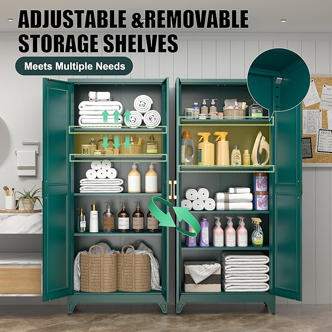 75" Tall Metal Storage Cabinet, Kitchen Pantry Storage Cabinets with Doors and 4 Shelves, Food Pantry Cabinet, Utility Kitchen Cupboard, Large Steel Cabinets for Dining, Living Room, Green
