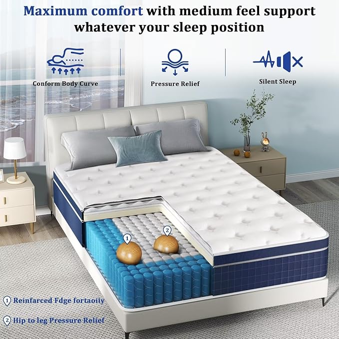 inight 12 Inch Queen Size Mattress, Hybrid Queen Mattress in a Box for Cool Night, Individual Pocket Springs Medium Firm Mattress with Gel Memory Foam for Pressure Relief Edge Support, 180 Night Trial