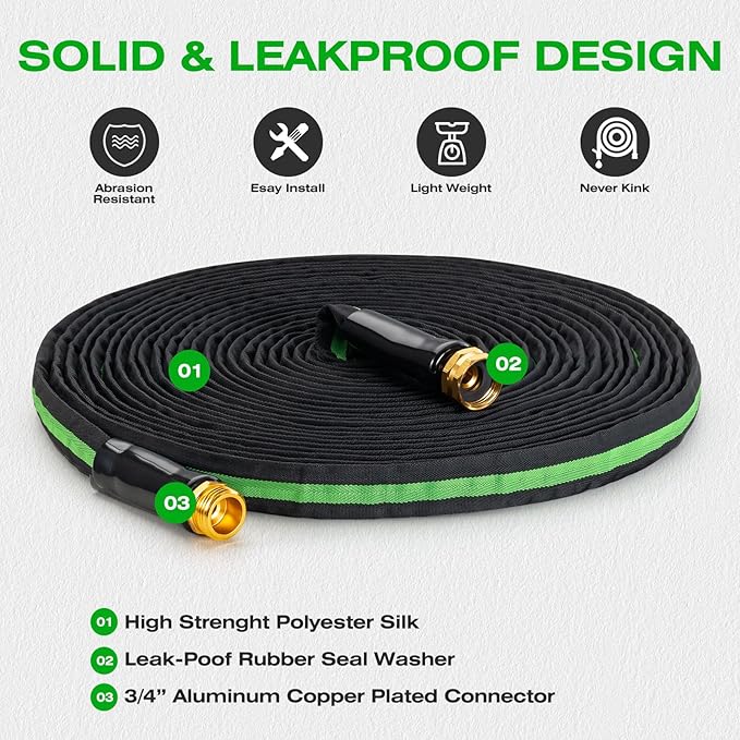 75FT Lightweight Super Flexible Garden Hose - Kink-Free, Non-Expanding, Easy Storage for Yard Lawn Outdoor Use (Black-Green)