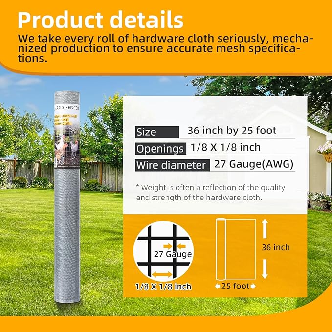 36in x 25ft Hardware Cloth 1/8 inch 27Ga Hot Dipped Galvanized After Welding, Chicken Coop Wire Fence, Welded Metal Fencing Roll Mesh for Bee Screen Garden Plant Poultry Animal Netting Cage