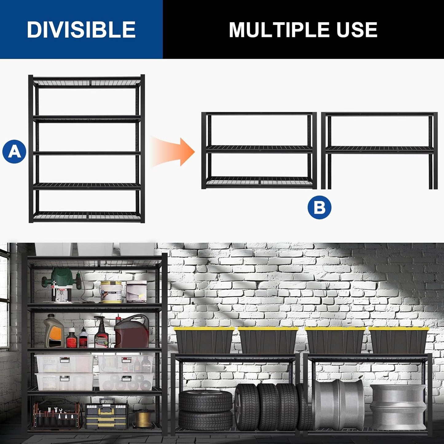 BILT HARD Garage Shelving 3000 LBS 36" W x 18" D x 72" H, Heavy Duty 5-Tier Metal Shelving Units with Adjustable Shelf, Steel Wire Utility Storage Shelves