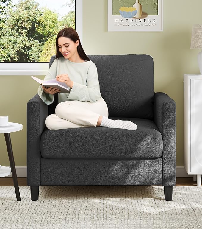 Sofa Accent Chair, 33" Reading Chair for Bedroom, Tool-Free Setup Living Room Accent Chairs, Comfy Arm Chairs Living Room, All-Wood Reading Nook, Grey
