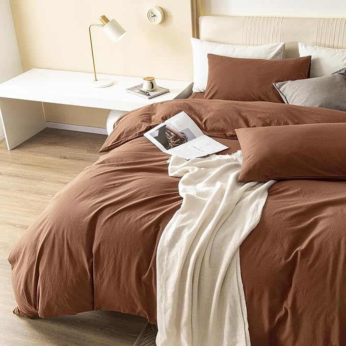 JIYUAN 100% Washed Cotton Duvet Cover Set 3 Pieces Oversized Queen, 1 Duvet Cover 98x98 Inches(Comforter Not Included) and 2 Pillowcases,Linen Feel Bedding Set Comfy and Breathable,Burnt Orange